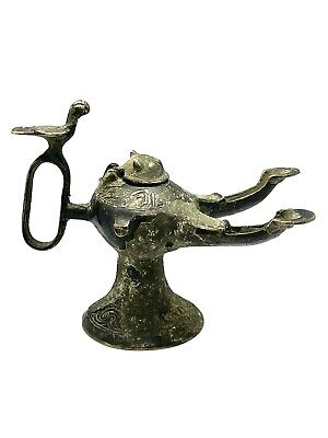 Rare Antique Old Bronze Oil Lamp Middle East Persian Collection Vintage Art