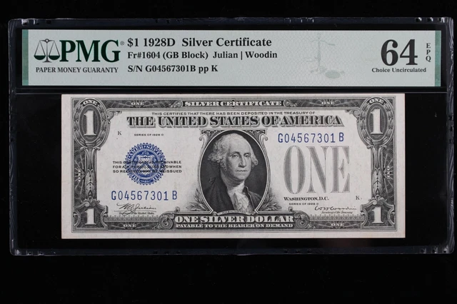 $1 1928D GB Silver Certificate PMG 64 EPQ G04567301B Unseen GB Block funny back
