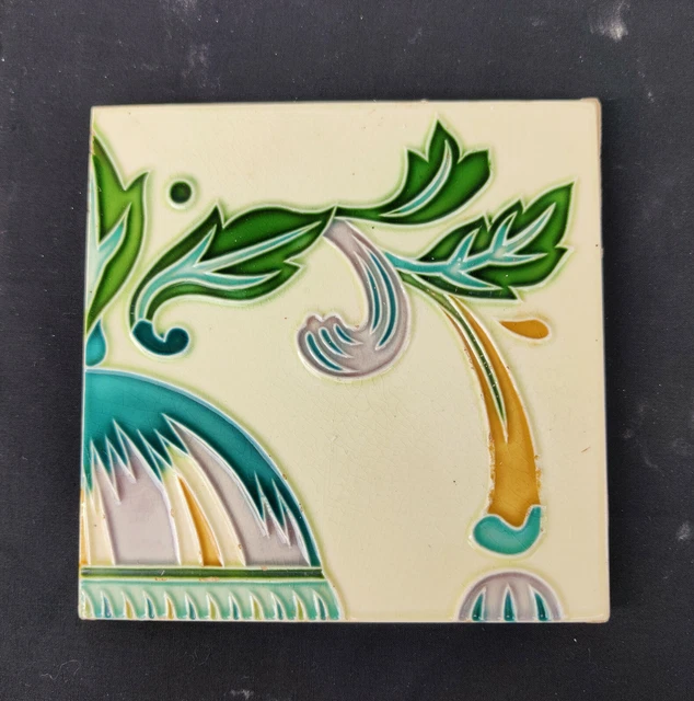 1940s Vintage Embossed Leafy Design Majolica Art 6 x 6 Architecture Tile Japan
