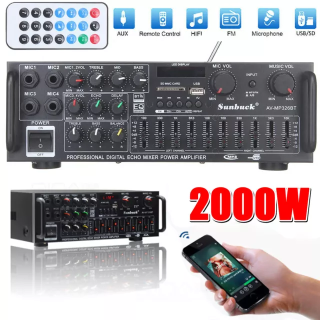 2000W Bluetooth Stereo Amplifier HIFI 2CH Tuner Remote Control USB SD Car Home