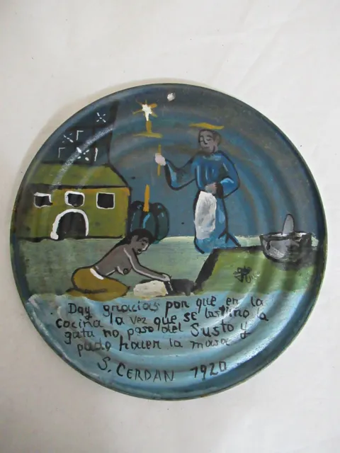 Unusual Old 1920 Hp Mexican Tin Retablo San Pascual Bailon Kitchen Saint; Signed