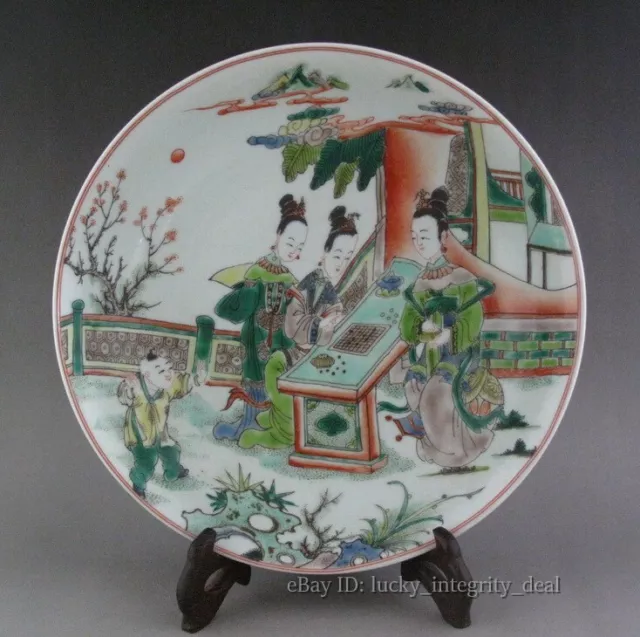 Antique Chinese Qing Wucai Character lady Porcelain Plate Six Characters Mark