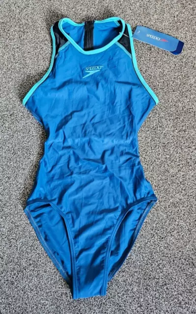 Blue Shiny Speedo Hydrasuit Zip Back Retro 90s Spandex Swimsuit UK 10 34" BNWT