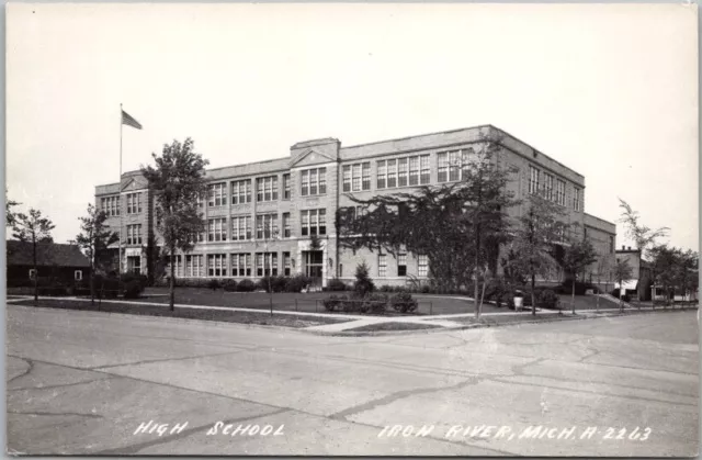 IRON RIVER, Michigan RPPC Real Photo Postcard "HIGH SCHOOL" Street View c1940s
