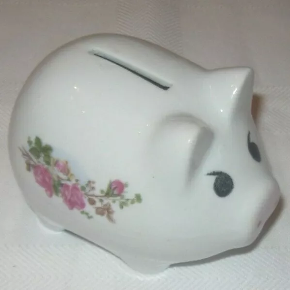 Piggy Bank Pig Ceramic White Pink Floral Coin Bank collectible Figurine Vintage
