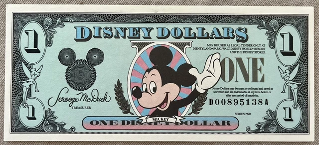 1990 Disney Dollars  Mickey Mouse Dollar $1 Note Uncirculated