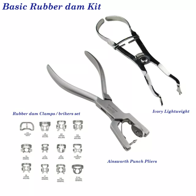 Dental Rubber dam Instruments Ainsworth Punch Pliers Ivory Brewer Forceps Clamps