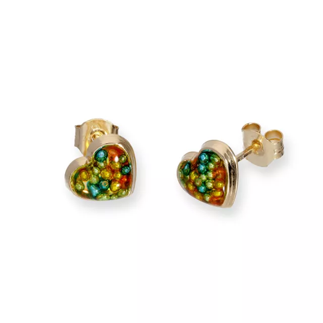 Pendientes de tachuelas de corazón esmaltado de oro y brillo de 9 quilates en 6 colores