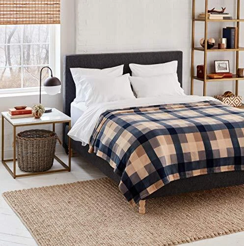 Eddie Bauer | Cabin Plush Buffalo Check Heated Warming Blanket, Full, Blue