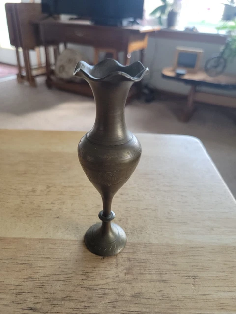 Vintage Small 5 3/4" Etched Brass Flower Bud Vase Made in India .