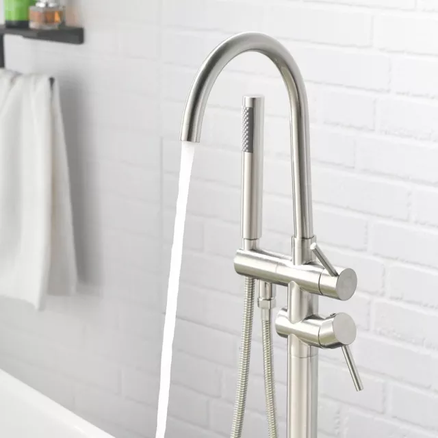 Freestanding Bathtub Faucet Tub Filler Waterfall Floor Mounted Brushed Nickel