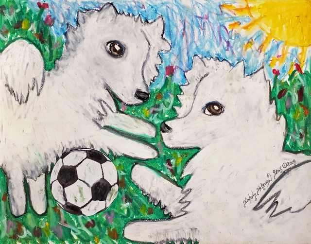 American Eskimo Dog Playing Soccer Original 11x14 Pastel Painting Artist KSams