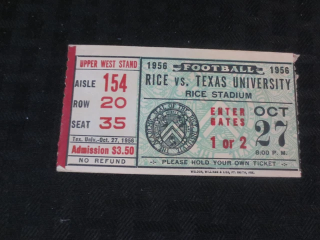 Texas Longhorns Football Ticket  VS Rice Owls Oct 27, 1956