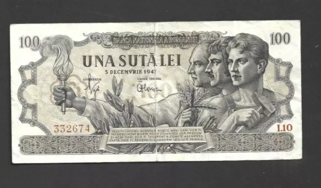 100 Lei Very Fine Banknote From Romania 1947  Pick-62 Rare