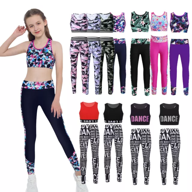 Kids Girls Tracksuits Bra Crop Tops with Print Leggings Pants Sets Gymnastics