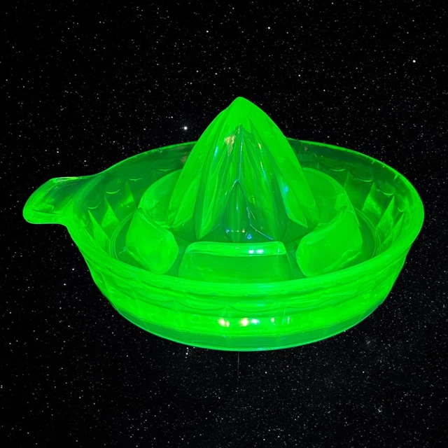 Uranium Glass UV GLOW Green Depression Juice Reamer Lemon Squeezer 3.5”T 5.5”W