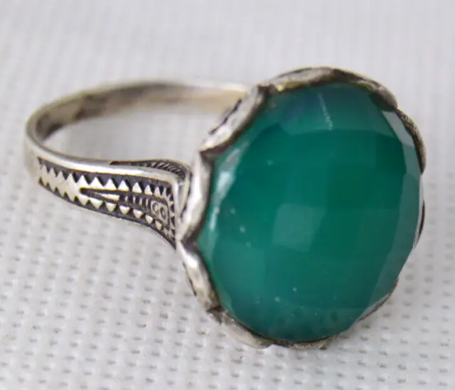 Ancient Antique Victorian Silver Ring Amazing Old Green Jade Stone Vintage Gypsy