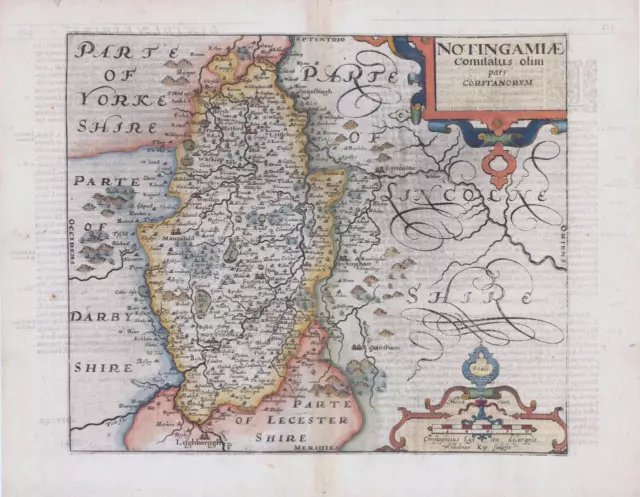 1607 - RARE 1st Edition Original Antique Map NOTTINGHAMSHIRE Saxton Kip/Hole