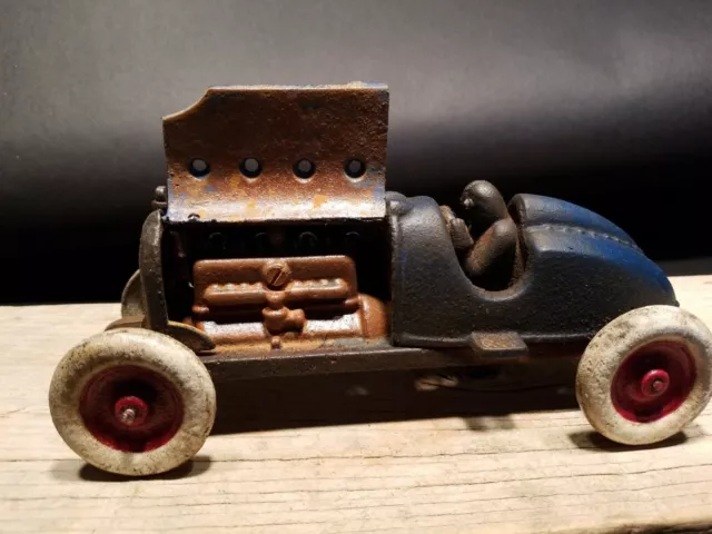 Antique Vintage Style Blue Cast Iron #6 Toy Race Car w Lifting Hood
