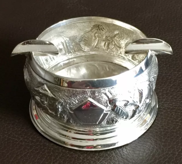 Marvellous Heavy Antique Ornate Oriental Solid Silver Ashtray (3”/8cm, 102.5g) 2