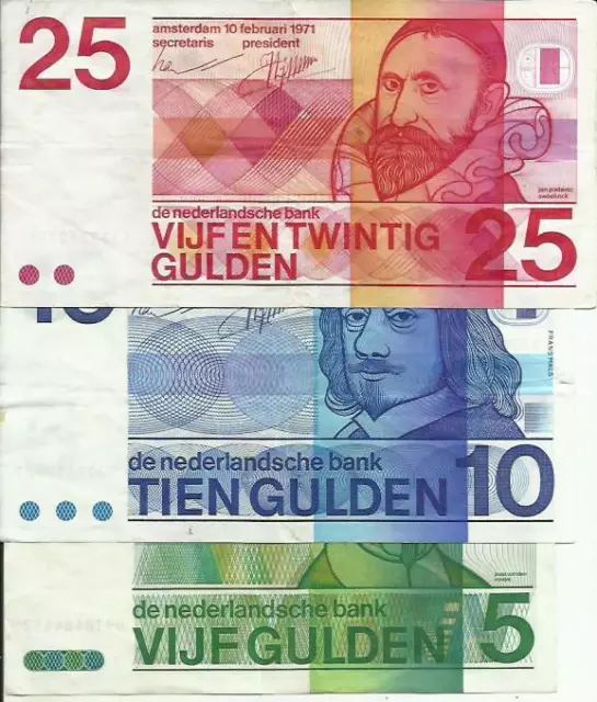 Netherlands Lot 5-10-25 Gulden. Vf+ Condition. 3Rw 29 Abril