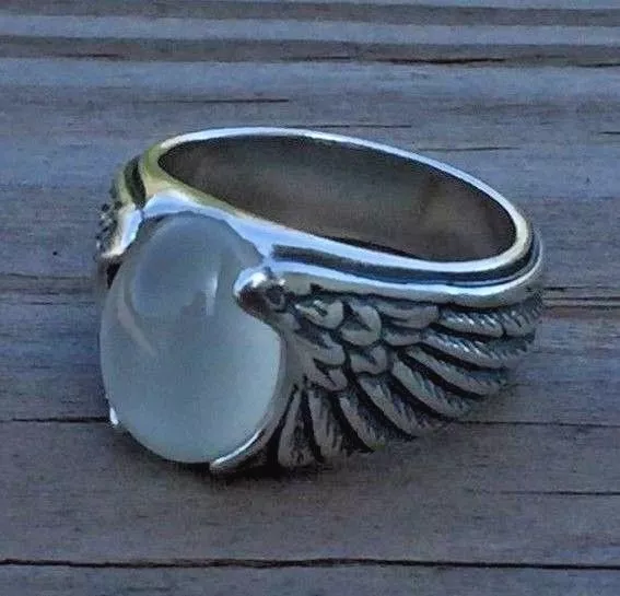 Wide Eagle Wing Ring .925 Sterling Silver Sz 9 w/ Genuine Moonstone eagle ring