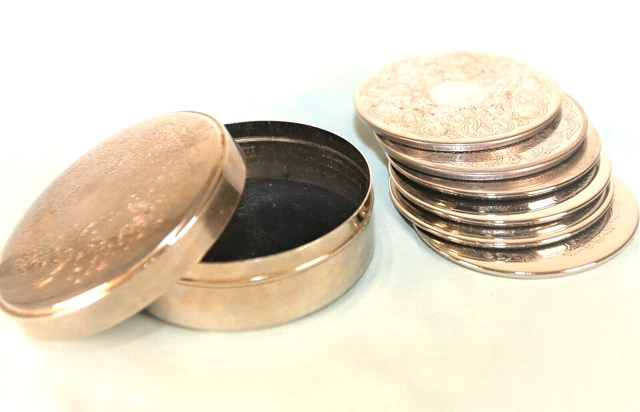 Vintage Silver Plate Coasters Set of 6 Engraved Round Box w/Lid Ornate Pattern