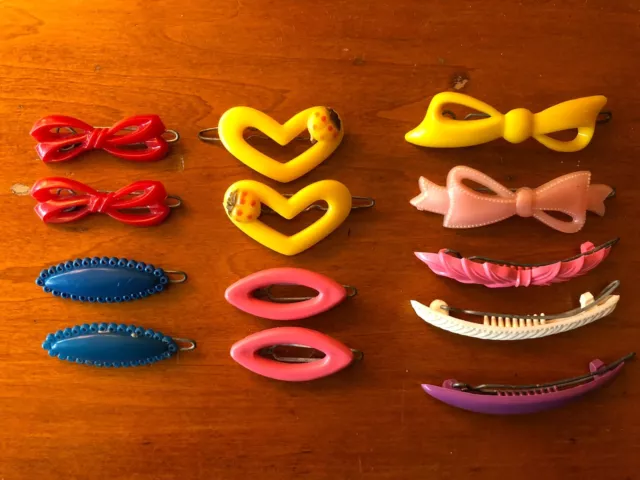 Lot Of 13 Vintage 50s-80s Plastic w Metal Clasp Hair Clip Accessories/Barrettes