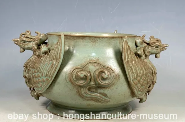11.2" Song Dynasty Ru Kiln Porcelain 2 Phoenix Bird Statue Writing-Brush Washer