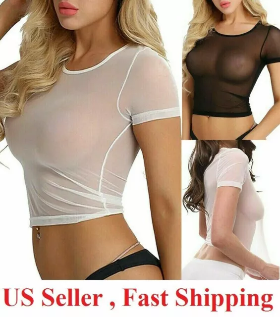 Women Sexy See Through Mesh Sheer Tank Crop Top clubwear party Tee Lingerie