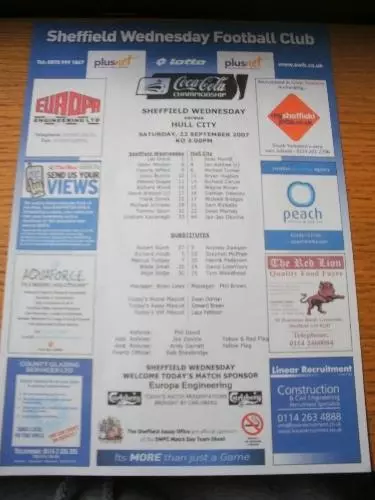 22/09/2007 Colour Teamsheet: Sheffield Wednesday v Hull City. No obvious faults,