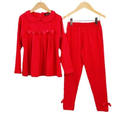 Girls Christmas Red Loungewear Tracksuit Top & Leggings Set Bow Pleated Frill