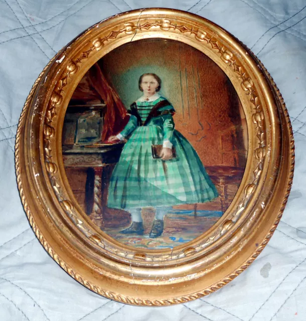 Scarce 1860s Hand Painted Salt Print Photograph ~ Lady w/ Green Plaid Dress ~