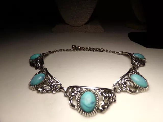 Vtg 1940'S Art Nouveau Press Silver Tone Floral Blue Lucite Wide Choker Necklace