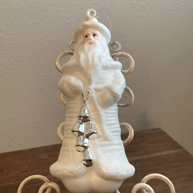 Dept. 56 hand blown glass Santa Christmas ornament white with silver bells 9” Lg