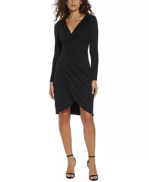 JESSICA HOWARD Cocktail Dress Size 16 Black Glitter V-Neck Long Sleeve NWT $139