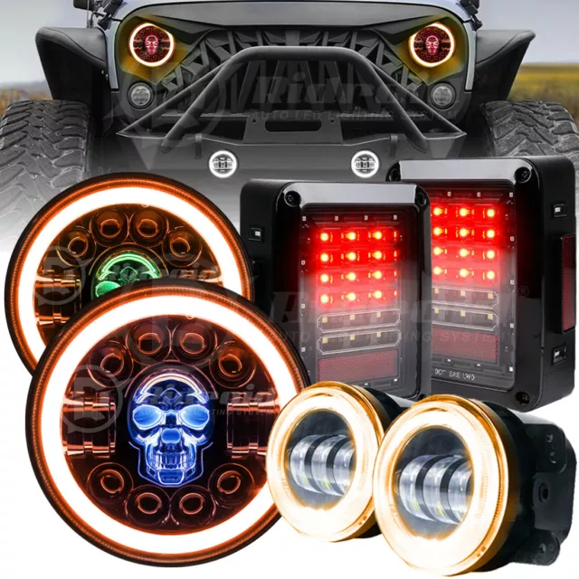 7'' RGB LED Headlights + 4" Fog Tail Brake Lights for Jeep Wrangler JK JKU 07-18