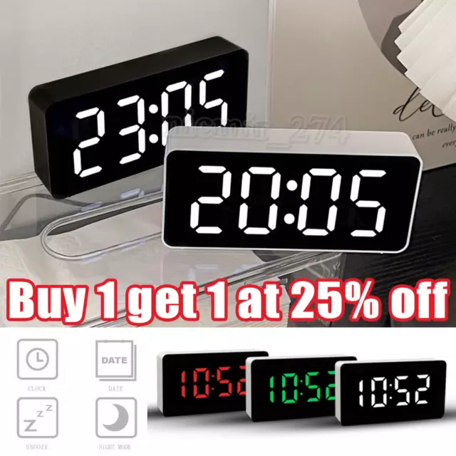 LED Electric Digital Alarm Clock Mains Battery Mirror Temperature Display