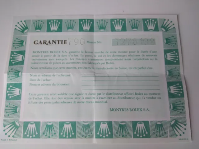 ROLEX Certificate Garantie Warranty WATCHES Garantia OYSTER PERPETUAL GUARANTEE