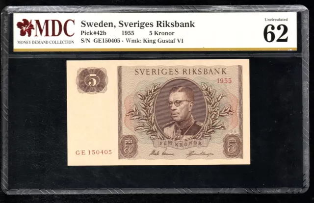 🇸🇪 Sweden 5 Kronor 1955 Pick # 42b ,* KING GUSTAF VI *** MDC 62 UNC * BANKNOTE