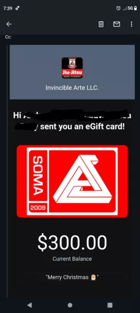 Soma BJJ egift card - this is an egift card to a local jiu-jitsu location
