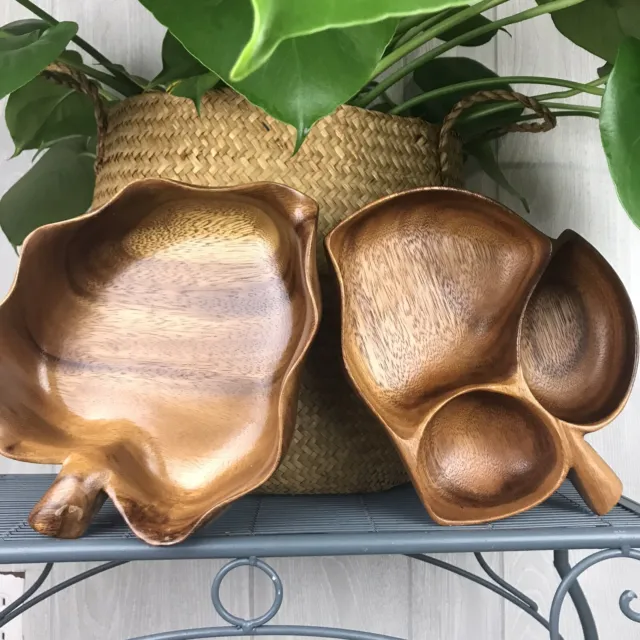 Vintage Leaf Shaped Wooden Carved Monkey Bowl Serving Dish Set Of Two