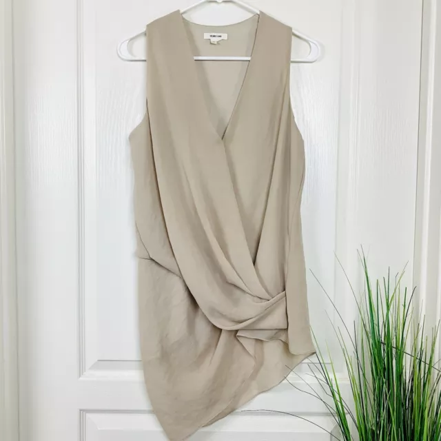 Helmut Lang Soft Shroud Beige Draped Asymmetrical Cap Sleeve Blouse Top Small