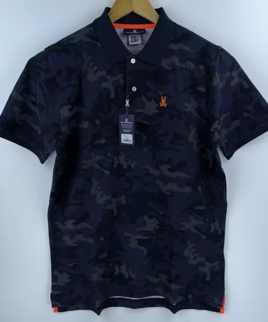 New Psycho Bunny Mens Blue Camo Orange Logo Polo Shirt Large Size 6