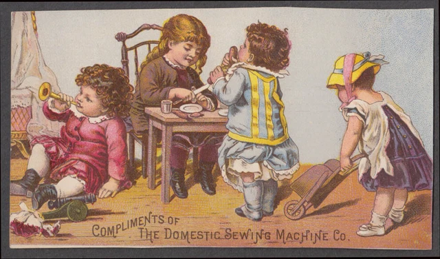 Compliments of Domestic Sewing Machine Co trade card children playing 1880s