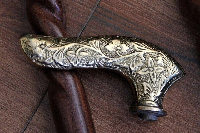 Antique Walking Stick Vintage Brass Hand Carved Handle Designer Walking Cane