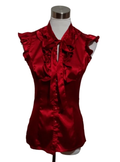 Vintage REVIEW Label Designer Womens Red Rouge Blouse Top Pussy Bow Button Front