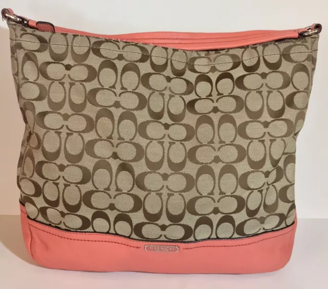 Coach signature logo brown w/ coral leather handle strap & bottom hobo handbag