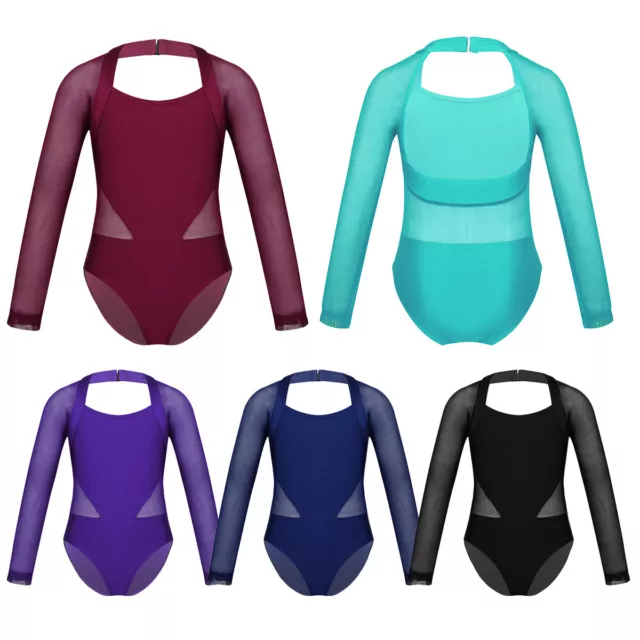 Girls Ballet Gymnastics Dance Long Sleeve Leotard Mesh Splice Jumpsuit Dancewear