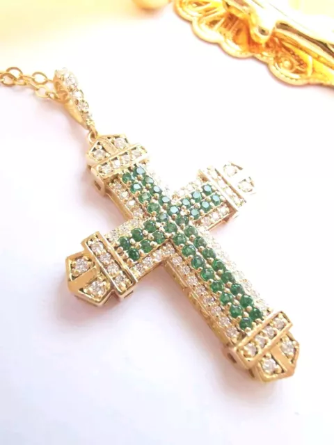 Damen Kreuz Anhänger Mit Kette Brillant Diamant Smaragd echtes750  Gelbgold 18K